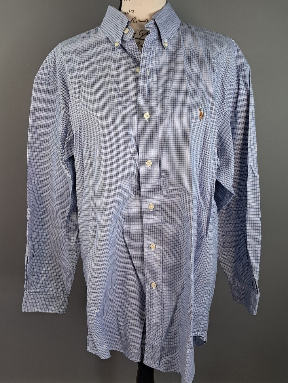 Ralph Lauren Button Down Shirt Men 15 ½ Blue White Plaid Yarmouth 100% Cotton
